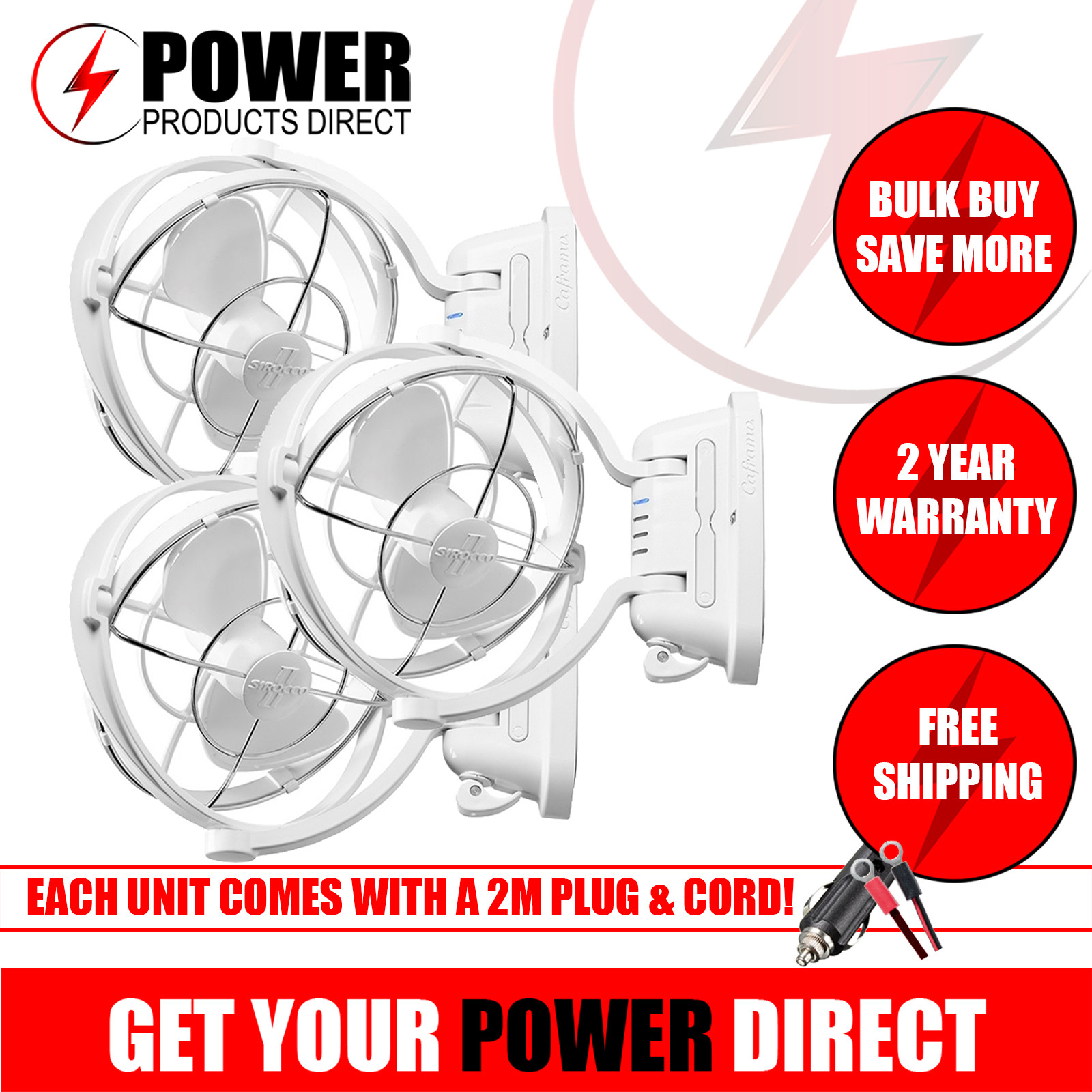 3 X Caframo 12v Sirocco Ii Cabin Fan White W Custom 2m Cable Amp Plug