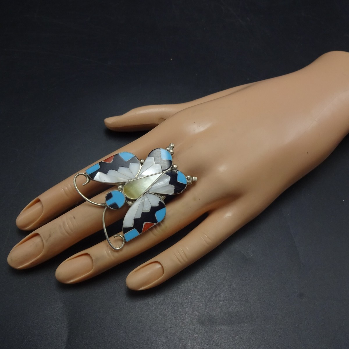 AARON DISHTA Zuni JET TURQUOISE MOP Butterfly INLAY SterlingSilver
