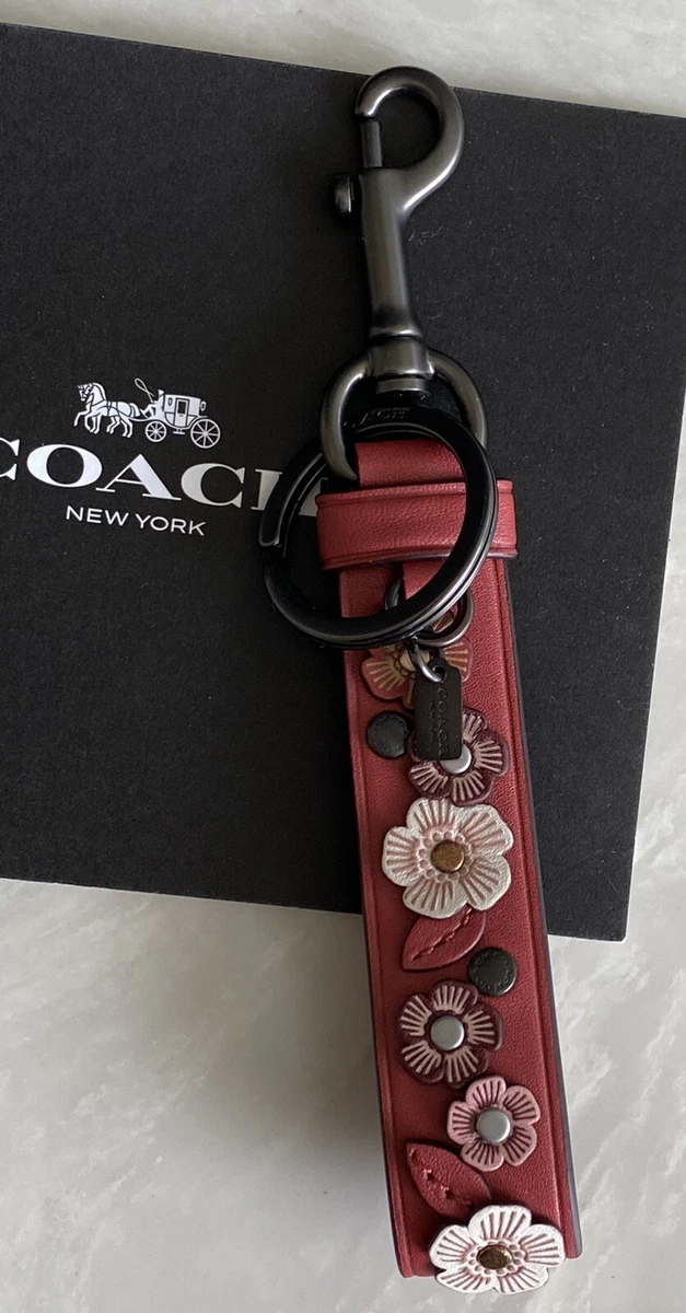 NEW COACH WASHED RED LEATHER LOOP TEA ROSE APPLIQUÉ BAG CHARM KEY RING