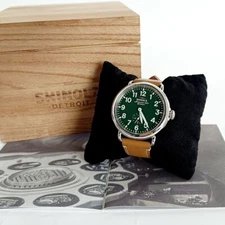 Shinola The Runwell 41mm Tan Leather Strap Green Dial Quartz Men's Watch NEW~
