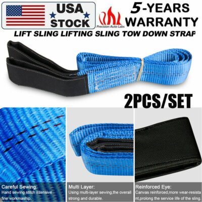 2 Pcs Flat Nylon Web Sling Lift Tow Strap Heavy Duty Loop Ends Eye & Eye 2'' x 6'