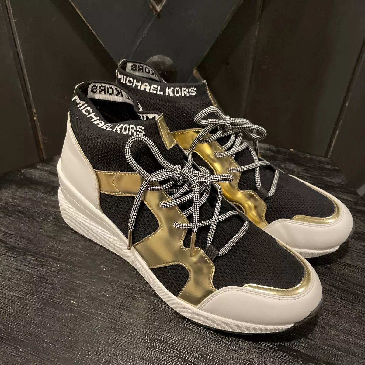 NWOB Michael Kors Women s Paneled Wedge Sneakers Black Gold