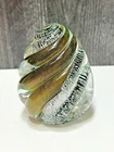 Murano Glass Paperweight Ribbed Swirl Egg Shape Paper Label Aventurine Silver