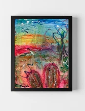 GUAJARDO Original Expressionism Neon Desert Cacti 14X11 Canvas Signed Art