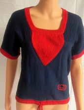 Womans Vintage Gucci 100 Cotton Short Sleeve Navy/Red Sweater Logo Size 46