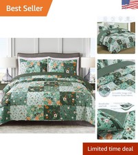Reversible Boho Quilt Set Queen Size Green with 2 Pillow Shams - Cozy Elegance