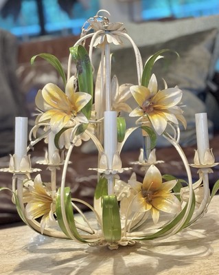 Vintage 60s Chandelier Painted Italian Flower Lily Hollywood