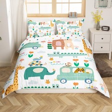 Zoo Animals Bedding Set Twin Size, Cartoon Elephant Comforter Cover for Boys ...