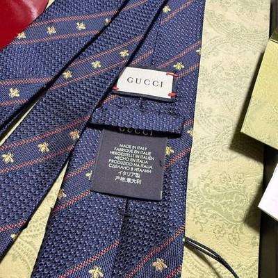 Gucci Neck Tie Navy Red Gold Striped Bee 100%Silk mint gift | eBay