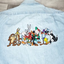 VINTAGE 90s Warner Bros Studio Looney Tunes Embroidered Men  s L/XL Denim Shirt