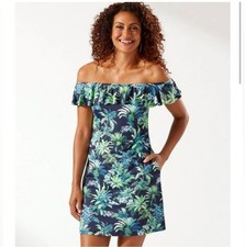 Tommy Bahama Art Of Palms Off-Shoulder Navy Tropical Short Spa Dress Size Medium