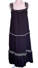 Women Black Embroidered Tiered Maxi Dress Boho Prairie Sleeveless Size Large NEW
