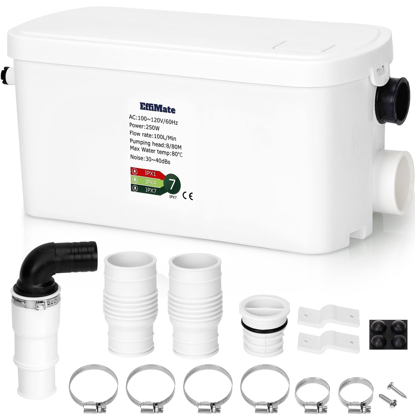 Macerator Pump, Silent 250W Sewage Sump Pump, 6000 L/h Flow, Upflush 26.3ft H...