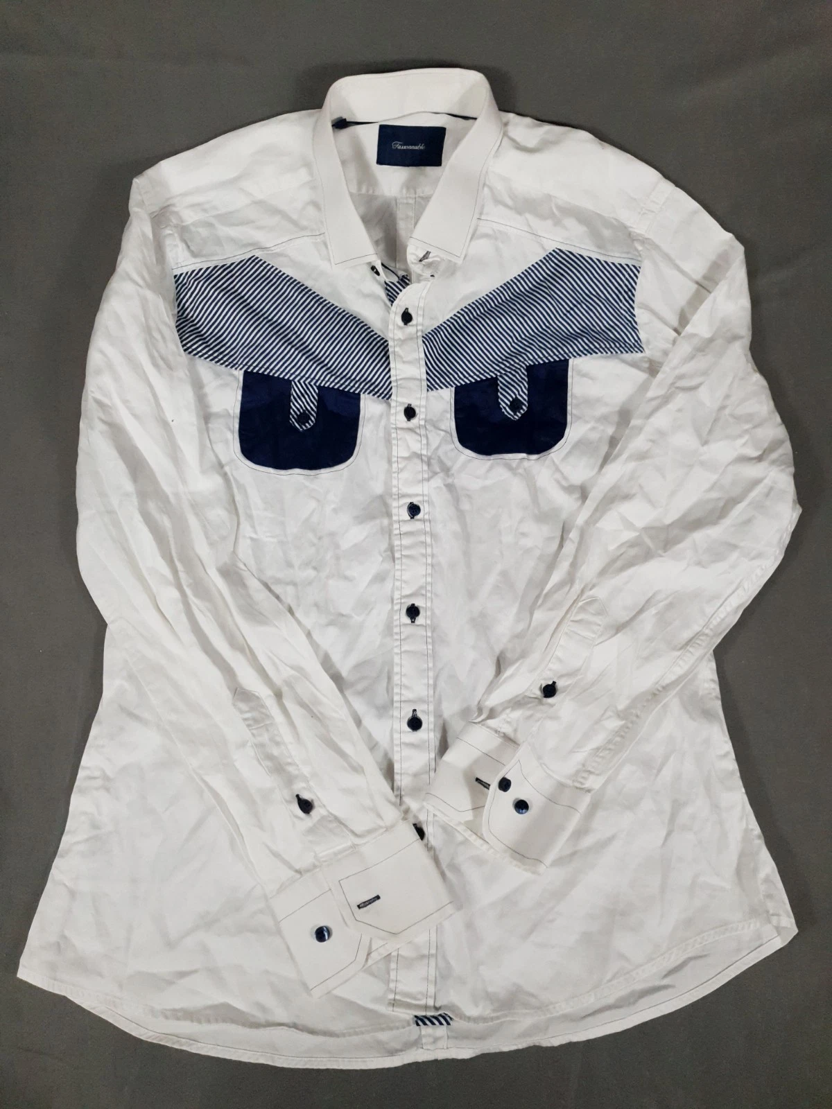 Facconnable shirt mens XL White Blue Patched Western Long Sleeve Casual