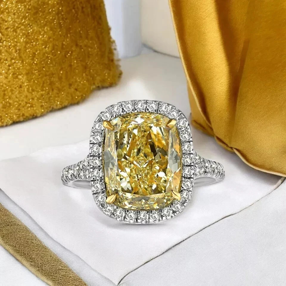 Cushion Cut 14K Multi Tone Gold Vivid Yellow Lab Grown Diamond Ring IGI 2.40 CT