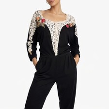 Lacy Afternoon Shell Kepler Jumpsuit Womens L Black Lace Floral Corsage Boho