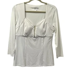 Cache White Corset Style Sweetheart Neck Knit  Zip Front 3/4 Sleeve Y2K Glam S