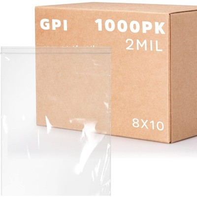 Clear Plastic RECLOSABLE Zip Bags - Bulk GPI Case of 1000 8 x 10 2 mil Thick