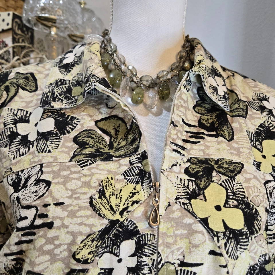 Christopher & Banks Yellow Green Floral Print Stretch Zip Up Jacket size XL.  81 - Image 2 of 4
