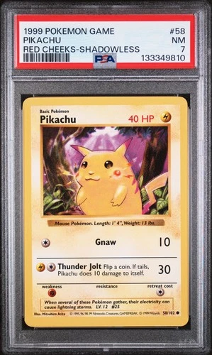 1999 POKEMON BASE SET SHADOWLESS RED CHEEKS #58 PIKACHU PSA 7