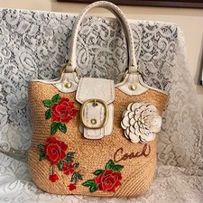 Coach 11798 Beige Straw- White Leather Trim Satchel- Shoulder Bag