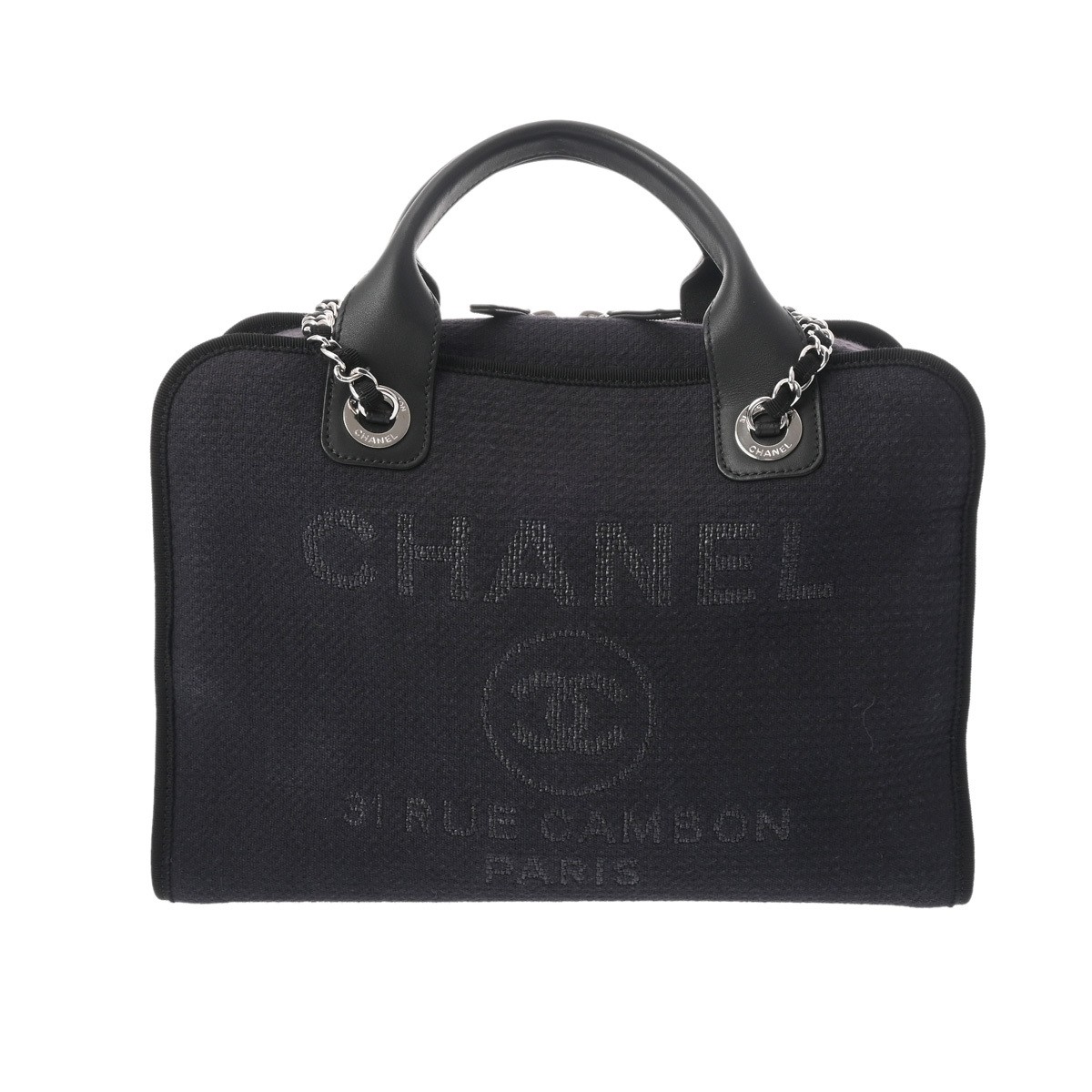 Chanel Deauville Navy Canvas Leather Bowling Bag with Chain Shoulder Strap 2WAY