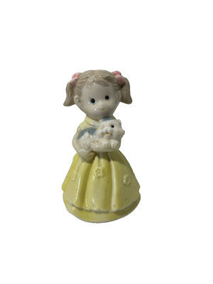 Vtg Porcelain Bell Cat Bell Little Girl Gift Collectible Yellow white pig tails