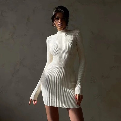 New Autumn Knitted Turtleneck Dress Women Long Sleeve Dresses Female Elegant - Picture 19 of 28