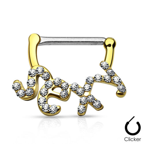 Pair of CZ Paved "Sexy" 14K Gold Plated Surgical Steel Nipple Bar Clicker Rings - Picture 2 of 5