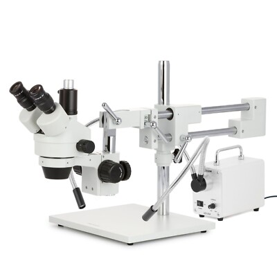 AmScope 7X-45X Zoom Stereo Trinocular 3D Boom Microscope + Dual LED Fiber Light