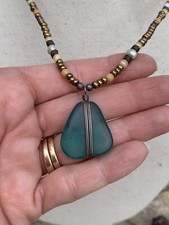 AUSTIN DESIGN 925 Sterling Silver Pearl and Blue Sea glass Pendant Necklace B6