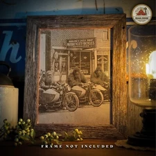 Vintage Motorcycle Bicycle Shop Sasquatch Photograph Art Print Bike Bigfoot Gift