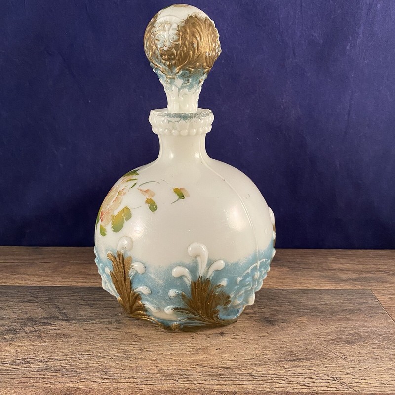 1800s Blue BROWN GREEN MILK GLASS BARBER PERFUME VANITY BOTTLE HAND PAINTED