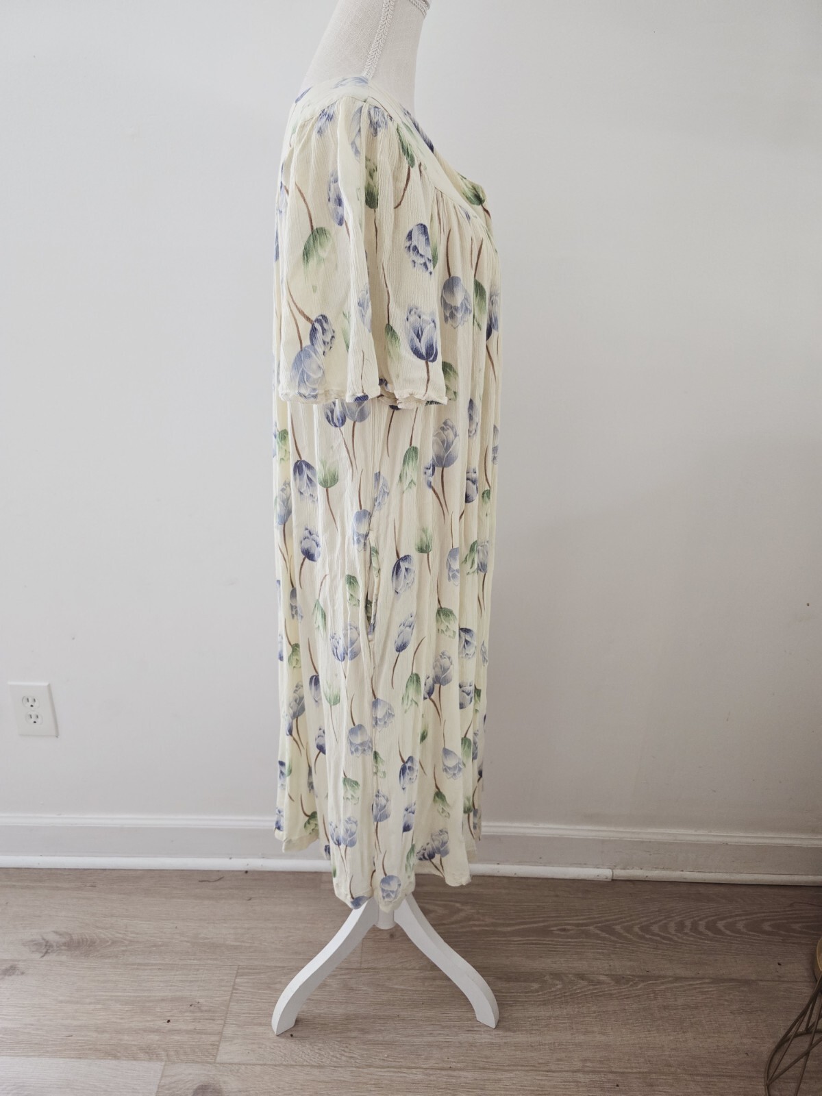 Go Softly Patio Yellow Blue Floral Flowers Front Zip Rayon Mumu House Dress S