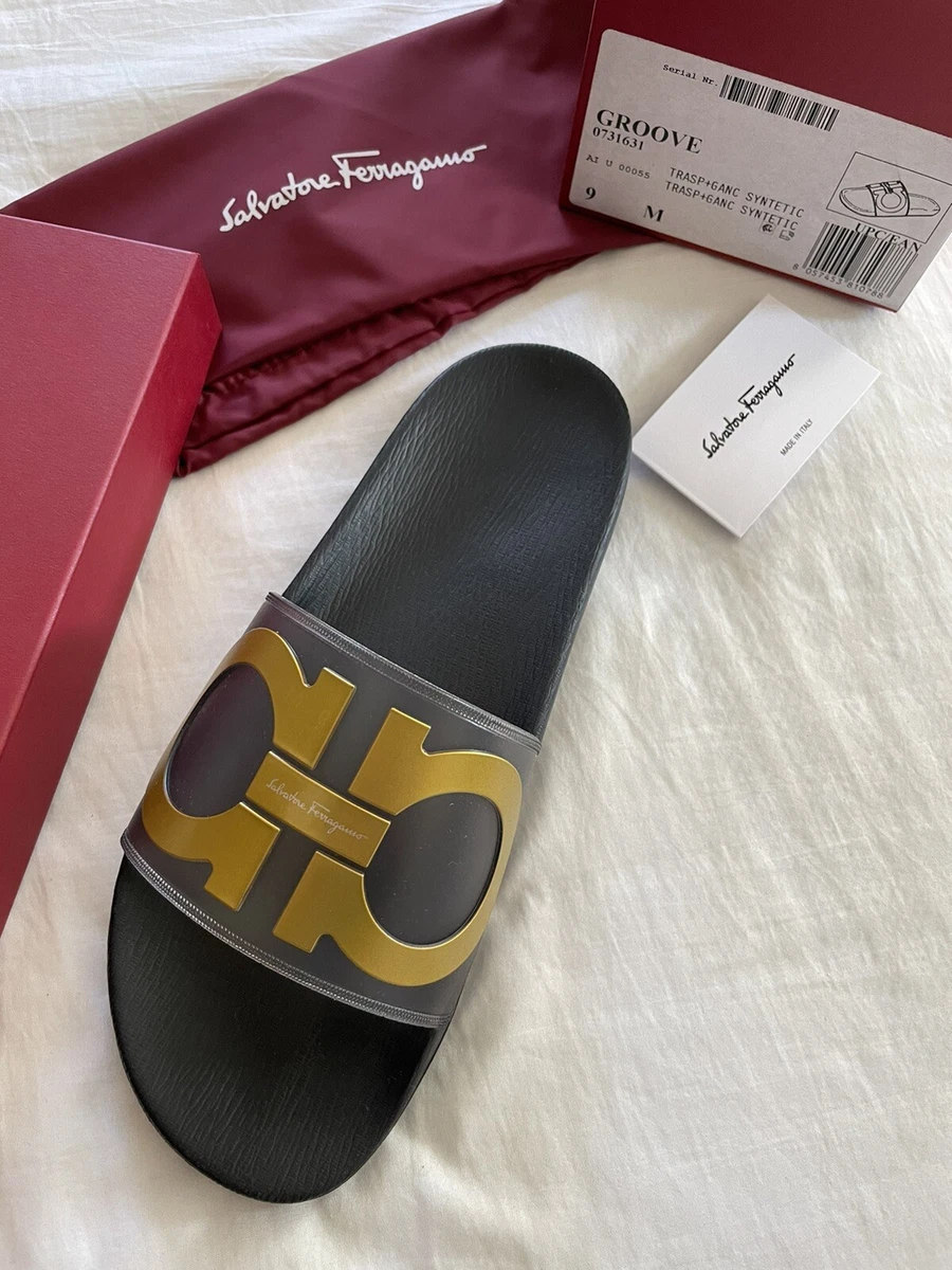 Salvatore Ferragamo Groove 2 Slide Sandal Gold Size 9 Brand new 100%  Authentic