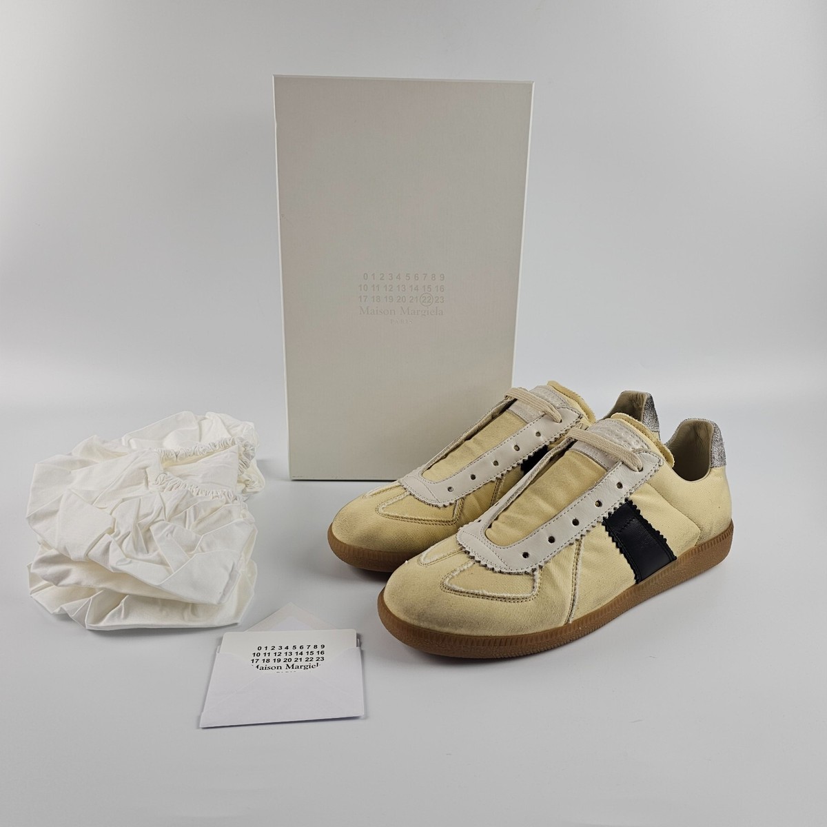 MAISON MARGIELA $880 Yellow Cotton Drill And Calfskin Sneakers New