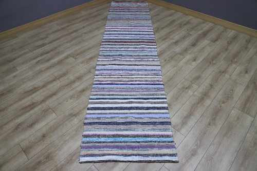 Purple Striped Runner Rug Oushak Colorful Kelim Hallway Decor Wool Carpet 3x11ft