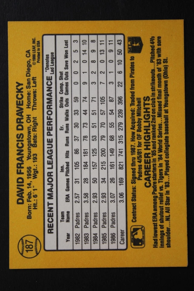 Dave Dravecky San Diego Padres Autographed 1987 Donruss #187 Auto Signed Card - Image 2 of 3