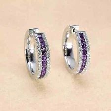 2Ct Round Cut Lab Created Amethyst Hoop Women's Earrings 14K White Gold Finish
