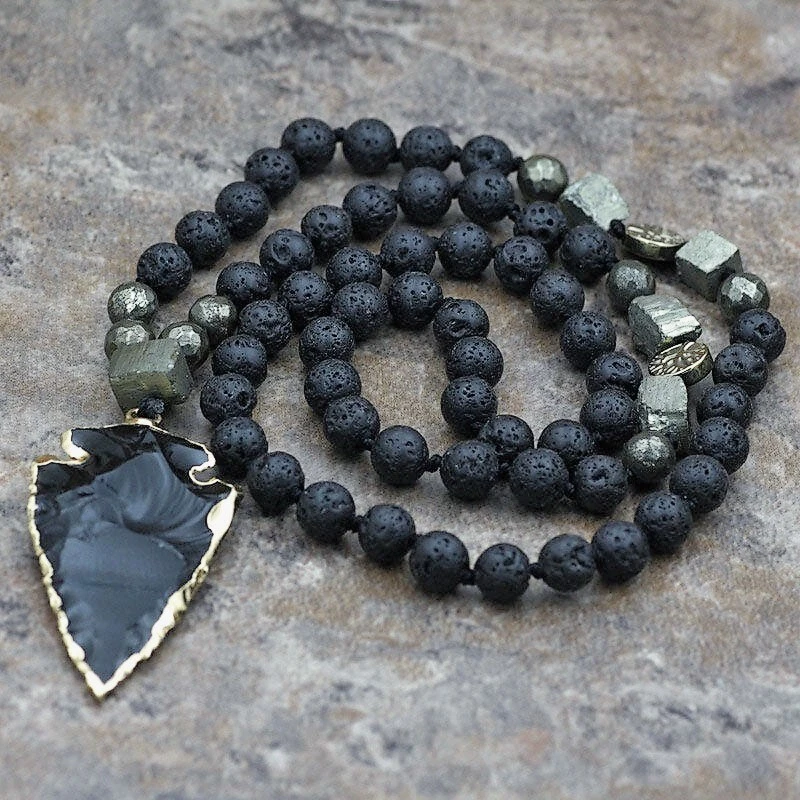 Natural Lava Rock Volcano Stone Beaded Necklace Obsidian Arrowhead Pendant - Image 3 of 4