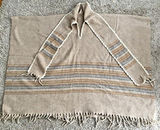 Vintage Oversized Hand Woven Wool Tan Brown Striped Fringed Blanket Poncho