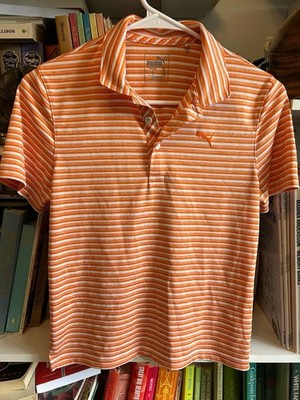 Puma Boys Orange and White Striped Short Sleeve Performance Polo Shirt Size Med