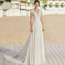 Bohe V Neck Chiffon Wedding Dress Lace Court Train Summer Long Boho Bride Goens