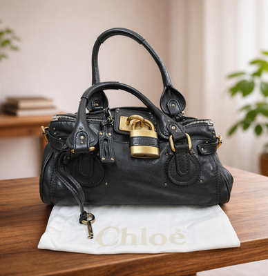Chloe Paddington Black Leather Satchel Bag Padlock, Key Authentic