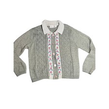 Fashion Bug Embroidered Cable Knit Cardigan Sweater Women's Size L Green Floral