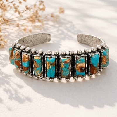 Turquoise Cuff Bracelet Silver Tone Native American Style Rectangle