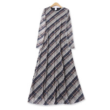 Vintage Plaid Sheer Long Sleeve Maxi Dress Women's Crew Neck Mesh Bodycon