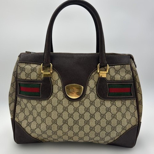 Authentic GUCCI GG Supreme Sherry Line Handbag PVC Leather Brown 28cm x 35cm x 1