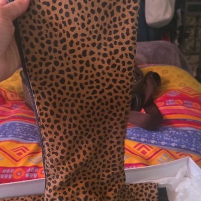 Jimmy Choo Women s Knee High Boots Leopard Animal Print Brown/Black Faux Fur Zip