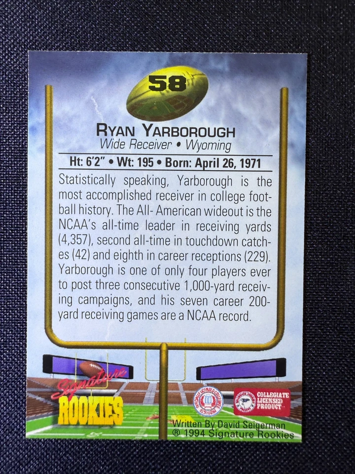 1994 Signature Rookies Ryan Yarborough AUTO RC #58 Wyoming Football /7750 - Image 2 of 2